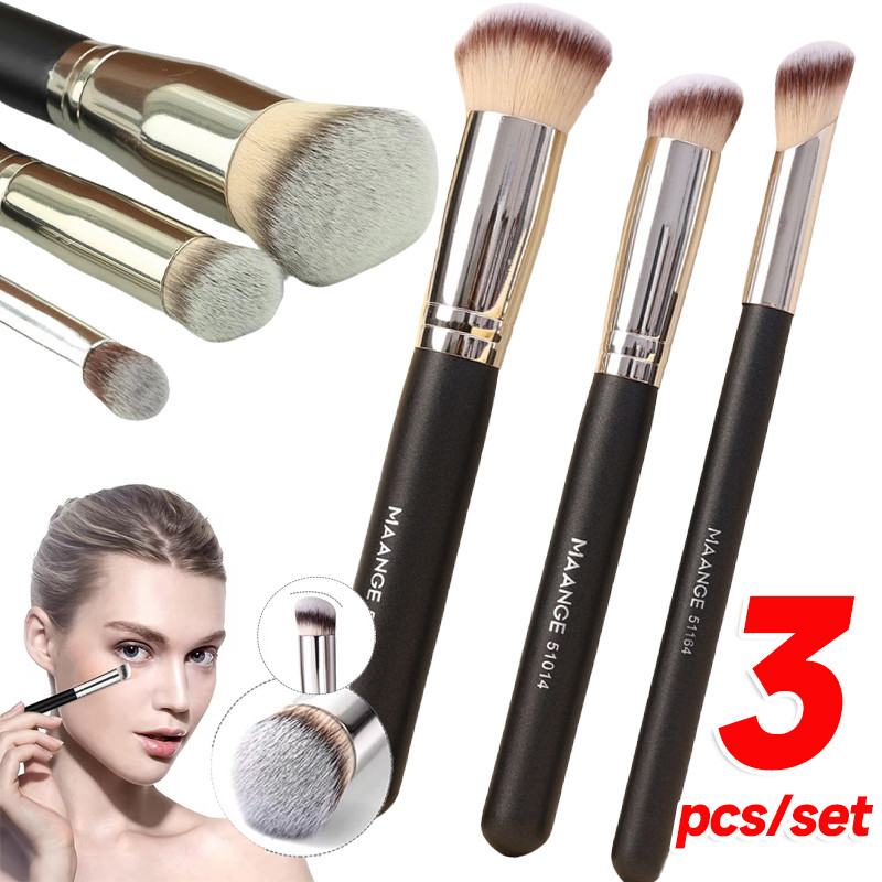 3ชิ้น/เซ็ตด้ามไม้แปรงแต่งหน้า-มืออาชีพรองพื้นคอนซีลเลอร์แปรงเครื่องมือความงาม(สีเบจ/สีดํา)