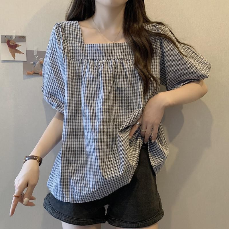 ส่งไวจากไทย⭐Summer⭐M-3XL  ลายสก๊อตแขนสั้นเสื้อผ้าฝ้ายบวกขนาดฤดูร้อนเกาหลีสุภาพสตรีเสื้อแขนสั้นพอดีหลวม