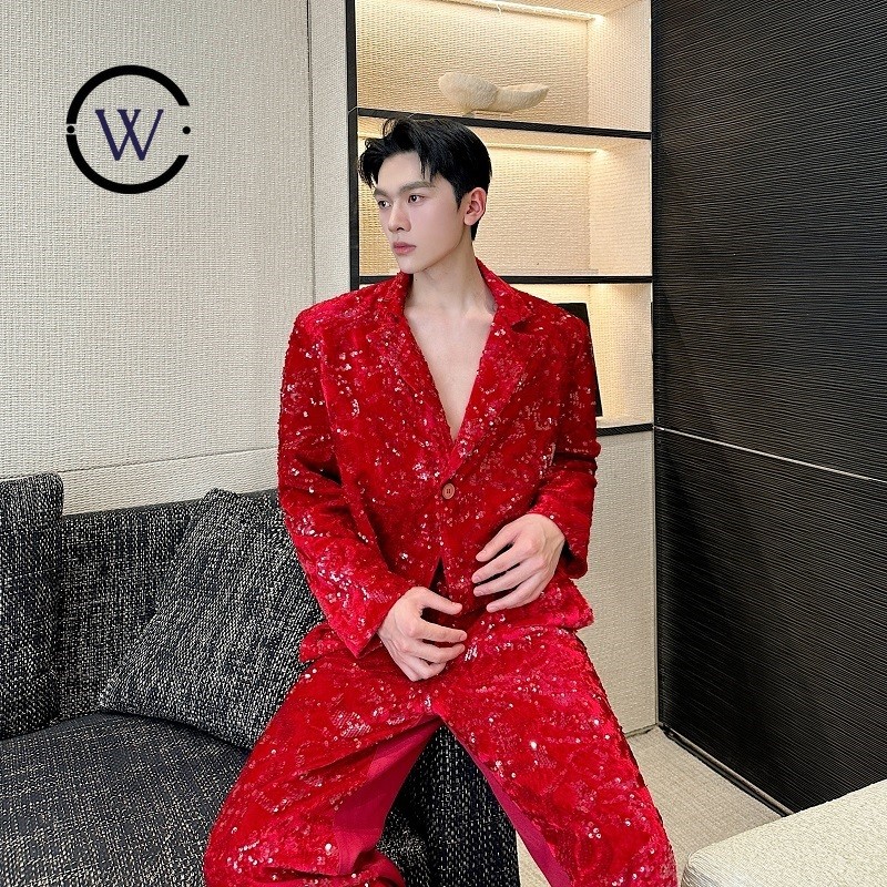 Dark สไตล์ Sequined Ruffian หล่อทอดถนนสูทผู้ชายแจ็คเก็ต High-End Street สวมใส่ Casual Stage ชุดด้านบน 318PG9125 34A5 เครื่องแต่งกายประสิทธิภาพ