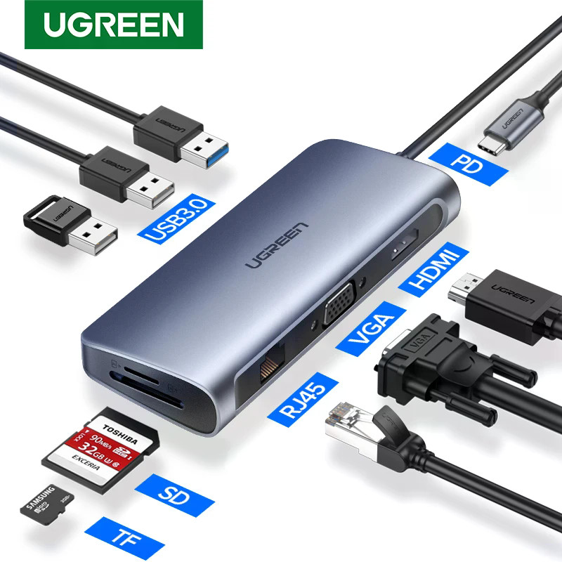 UGREEN USB-C HUB 9-in-1 Type-C ถึง 4K HDMI 1080P VGA RJ45 PD100W SD & TF USB3.0 อะแดปเตอร์สําหรับแล็ปท็อป MacBook Splitter Docking Station