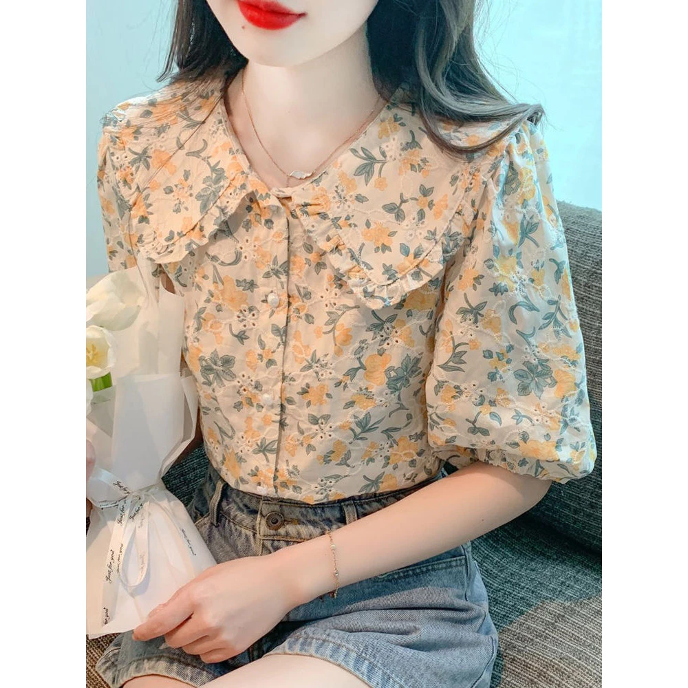 เสื้อลายดอกไม้ผู้หญิง ไซส์ S-2XL แขนสั้น ทรงหลวม สไตล์เกาหลี thumbnail 3