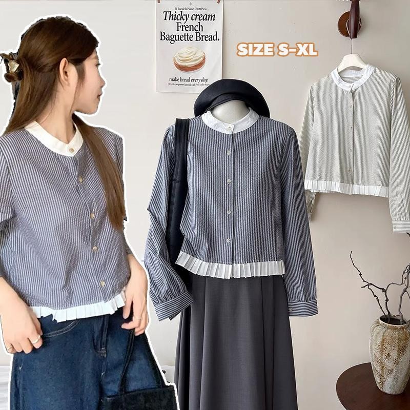 Chili#เสื้อเชิ้ต# เสื้อเชิ้ตแขนยาวคอกลมระบายลายทางแนวตั้งสไตล์ตุ๊กตาสุดน่ารัก สไตล์ย้อนยุคและดูเป็นผู้หญิง#W594
