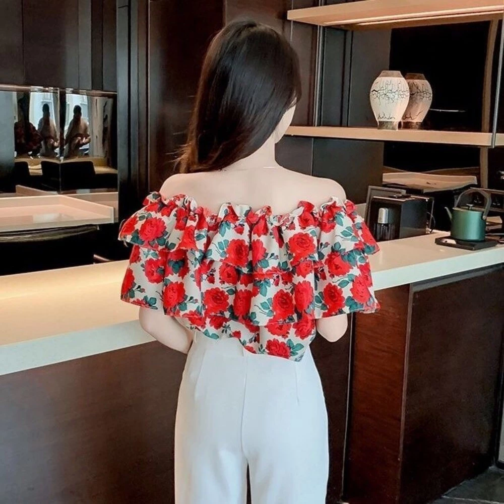 เสื้อเชิ้ตลายดอกวันสงกรานต์ สไตล์เปิดไหล่ แขนสั้นขอบใบบัว thumbnail 6