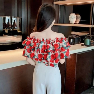 เสื้อเชิ้ตลายดอกวันสงกรานต์ สไตล์เปิดไหล่ เสื้อแขนสั้นขอบใบบัวสวยมาก จัดส่งในกรุงเทพฯ