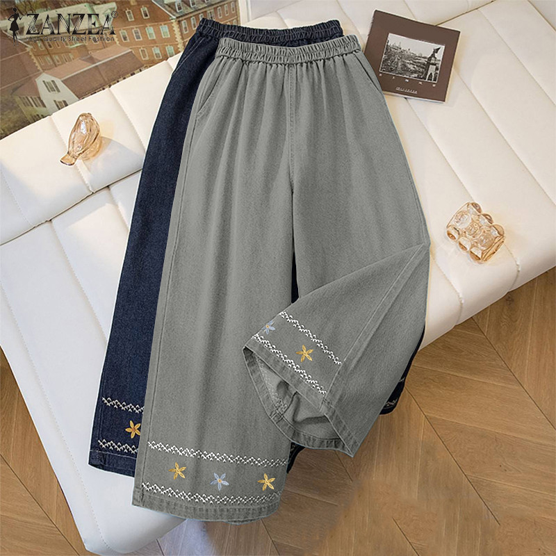 ZANZEA ผู้หญิงเกาหลี Retro Leisure เอวสูงEmbroider พิมพ์กางเกงขากว้าง Hem — صورة 4