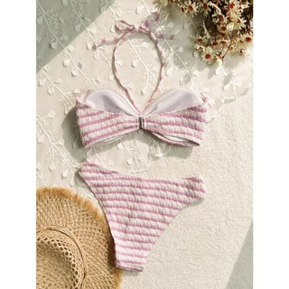 💖 ส่งไวจากไทย 💖 บิกินี่ทูพีช สายฝอ bikini sexy พิมพ์ลายทาง คล้องคอ ชุดว่ายน้ำผู้หญิง beach พร้อมส่ง
