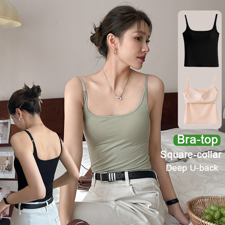 ( Ready Stock ) 2 in 1 เสื้อชั้นในสตรีเปลือยปิดไหล่ของผู้หญิงไม่จําเป็นต้องสวมเสื้อชั้นใน, แผ่นอกในตัว, เสื้อครอปบางแบบสแควร์สลิมฟิต