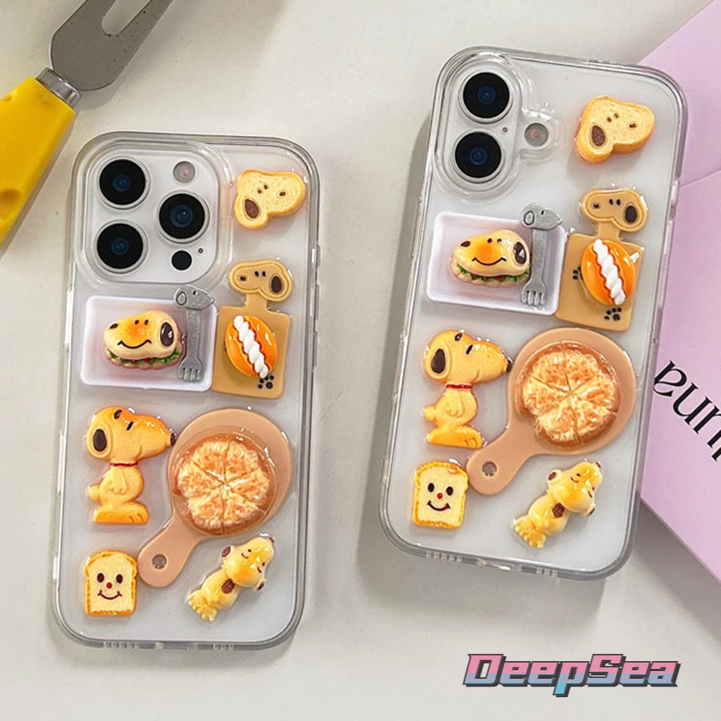 ปลอกสําหรับiPhone 16 Pro Max 14 15 13 12P 11 น่ารัก 3D Snoopyพิซซ่าขนมปังตกแต่งกันกระแทกTPU Anti-Scratchเคสโทรศัพท์Fall-proofฝาครอบป้องกันShell