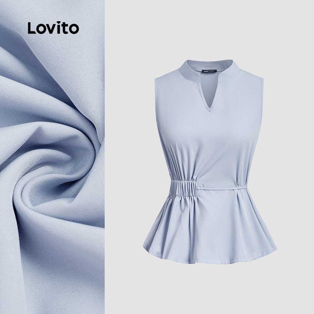 (New) Lovito เสื้อคลุมลำลองผ้าถักคอวีสำหรับผู้หญิง สีฟ้าสำหรับฤดูใบไม้ผลิ/ฤดูร้อน L142ED657
