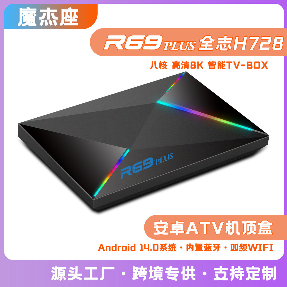 R69PLUS เครื่องเล่นเครือข่าย Quanzhi H728 Octa-Core Android 14.0 wifi6 Gigabit Dual Band tvbox