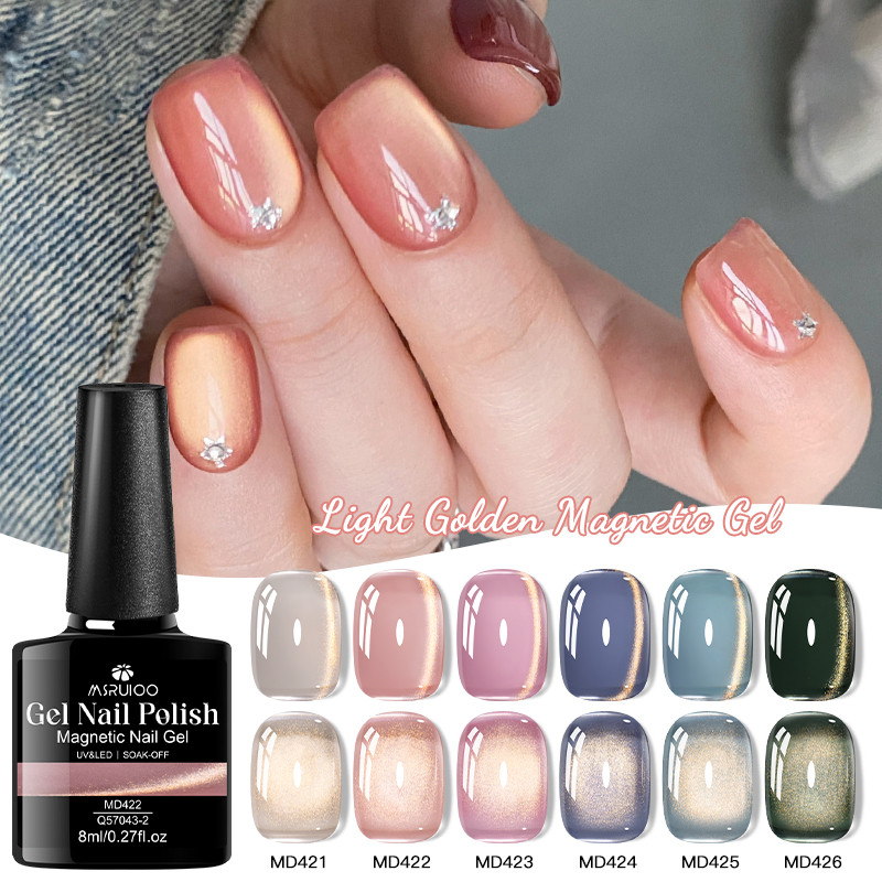 MSRUIOO 8ML เจลเล็บแมกนีติกสีทองอ่อน แม่เหล็ก สีทองอ่อนที่อ่อนหวาน สวยงามธรรมชาติ ร่วมกับเอฟเฟกต์แมกนีติกตาแมว3D ที่ สวยงามธรรมชาติ ไม่มากไม่น้อยเพียงพอ