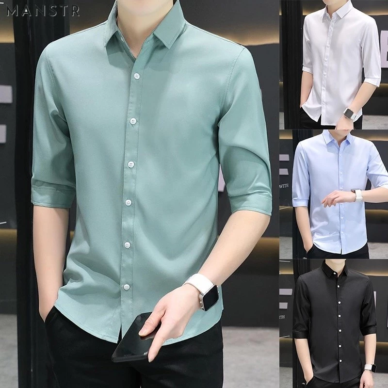 MANSTR เสื้อเชิ้ตผู้ชาย คุณภาพ ลำลอง 3 4 แขน ผ้าไหมน้ำแข็ง เสื้อเชิ้ตเกาหลี สีทึบ เข้ารูป ชุดทำงานอย่างเป็นทางการ สีเขียว\ น้ำเงิน \ ดำ \ ขาว