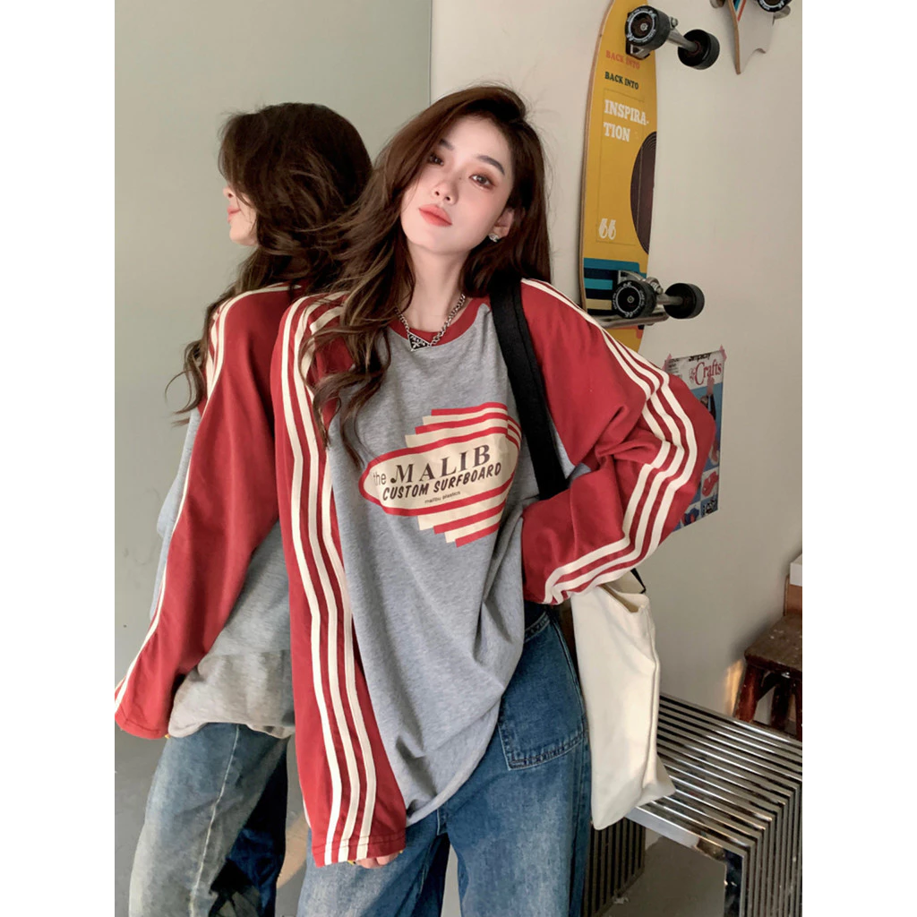 Solovely M-2XL ผู้หญิง สไตล์เกาหลี ลำลอง หลวม เสื้อตัวบน ลายทาง บล็อกสี พิมพ์ลาย แขนยาว เสื้อสเวตเชิ้ต