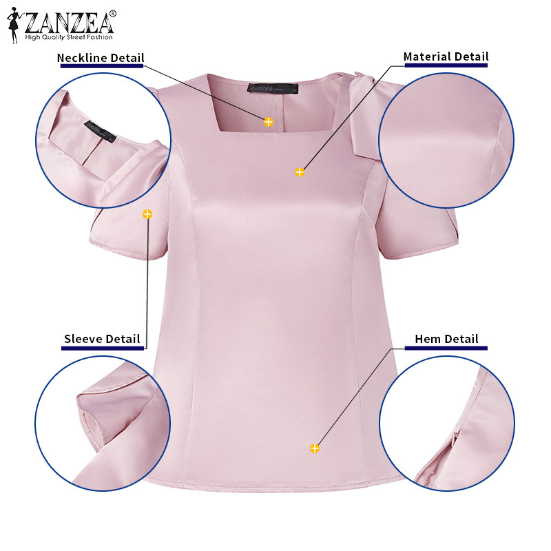 ZANZEA เสื้อเบลาส์ผ้าซาตินลายผีเสื้อดอกไม้แขนสั้น สไตล์หรูหราเกาหลีสำหรับผู้หญิง — صورة 8