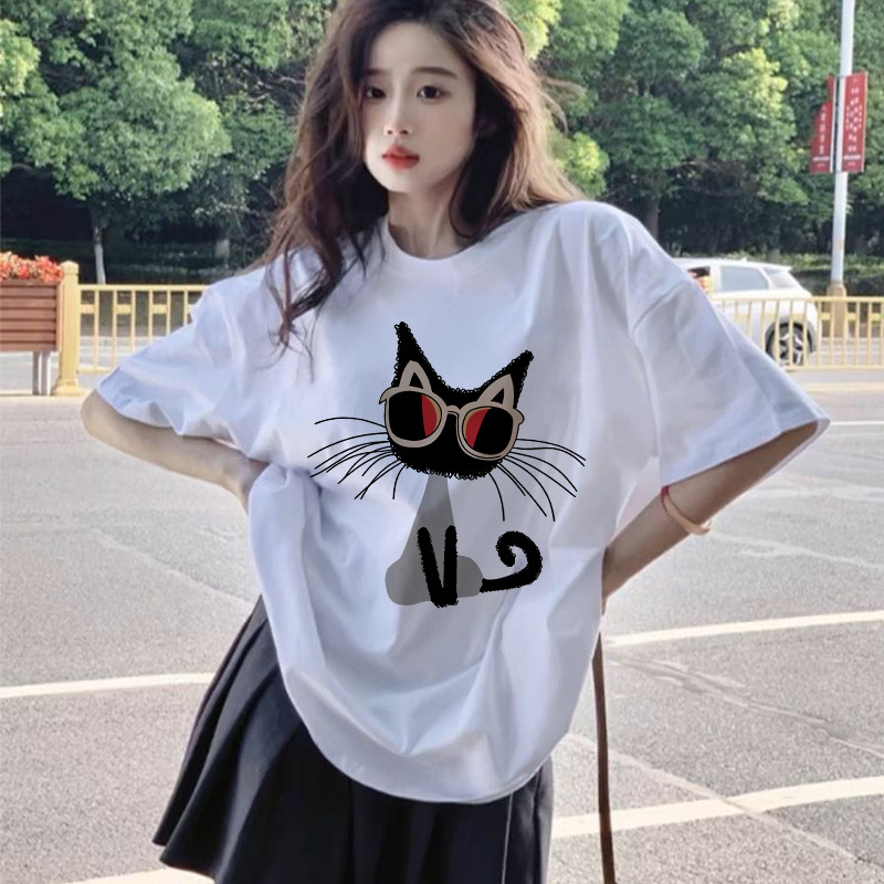 เสื้อยืดแขนสั้นผ้าฝ้ายแท้สำหรับผู้หญิง ออกแบบตามแฟชั่นเกาหลี ทรงคอด้านบนสวมใส่สบายและคล่องตัว