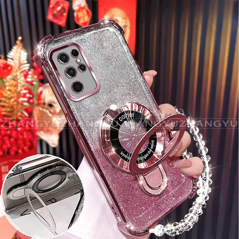 เคสสําหรับ Samsung S23 FE S23 S22 PLUS S23 S22 ULTRA เคสโทรศัพท์ U-รูปไร้สายชาร์จวงเล็บสี่มุม anti drop สร้อยข้อมือเปลือกนิ่มโปร่งใส 014