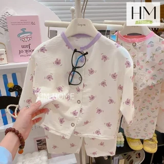 ใหม่ ชุดนอนเด็ก เสื้อแขนยาวกางเกงขายาว ชุดลำลองเด็ก กระดุมหน้า ผ้าบางเบา ใส่สบาย