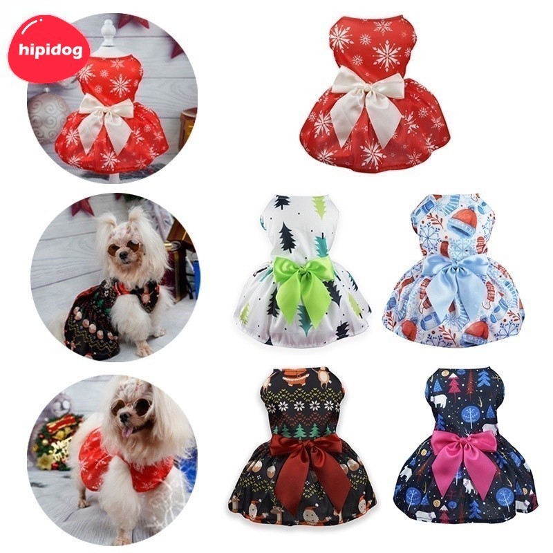【Hipidog】 ชุดเดรสกระโปรง พิมพ์ลายคริสต์มาส สําหรับสัตว์เลี้ยง สุนัข แมว