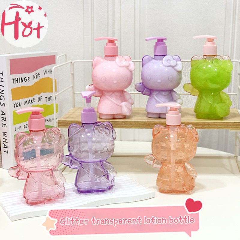Ge 500ml Hello Kitty โปร่งใส Glitter สบู่ขวดน่ารัก Kuromi Melody แชมพูน้ํานม Sub-ขวดโลชั่นกดขวดสแควร์
