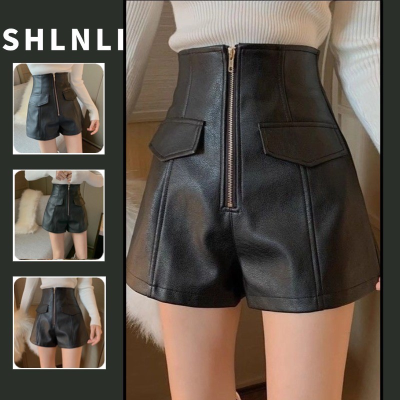 ฤดูใบไม้ร่วงฤดูหนาวเอวสูงหนัง PU กางเกงขาสั้นผู้หญิงสบายๆซิปกางเกงขากว้างขนาดใหญ่ S-4XL