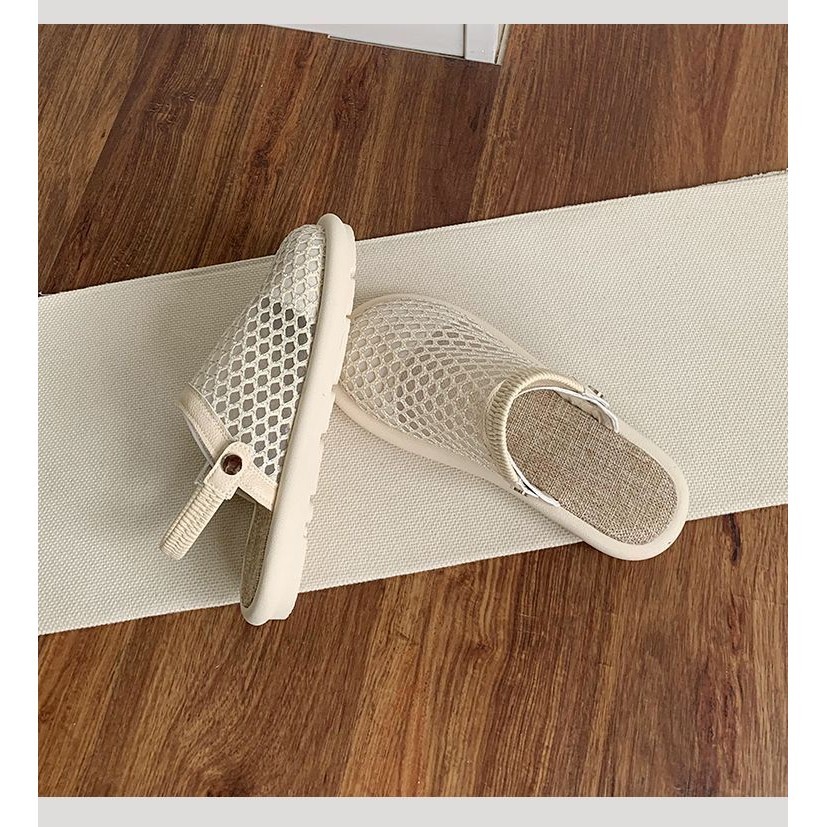 รองเท้าแตะผ้าลินินผู้หญิงสไตล์ใหม่สองสวม Soft-Soled Toe-Covered รองเท้าแตะครึ่งสวมใส่ด้านนอกตาข่ายระบายอากาศ