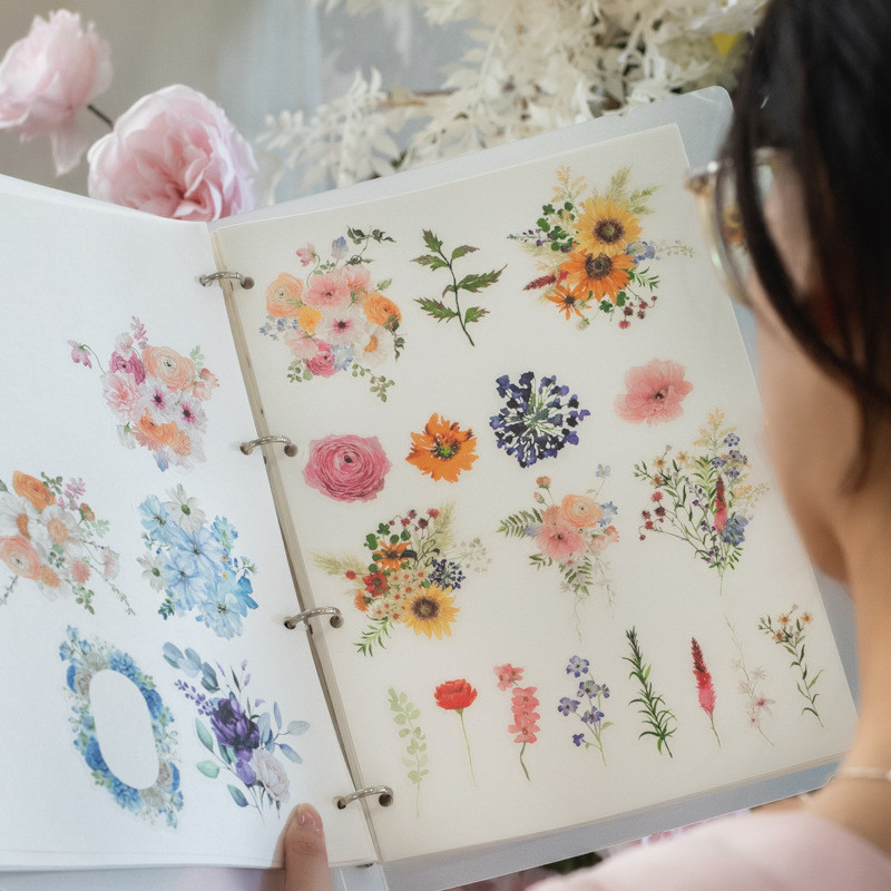สติ๊กเกอร์แพ็คดอกไม้หมึกแสงสีน้ํา ตกแต่งวัสดุบัญชีมือ 6 ดอก ชุดบาน