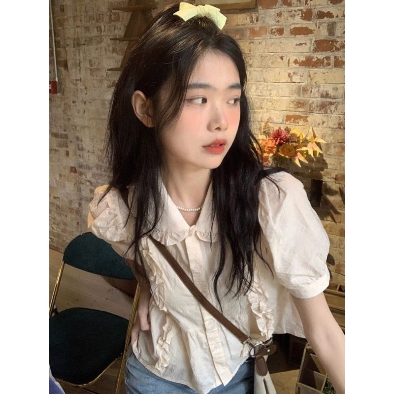 Micki-เสื้อเชิ้ต แขนสั้น รุ่นสั้น สีทึบ ปุ่มกด สไตล์แฟชั่นเกาหลี
