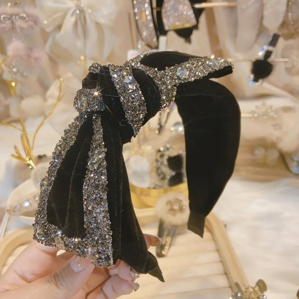 ที่คาดผมแบบผูกปม Rhinestone ระดับไฮเอนด์โบว์ที่คาดผมปีกกว้างแฟชั่นเครื่องประดับผมผู้หญิง