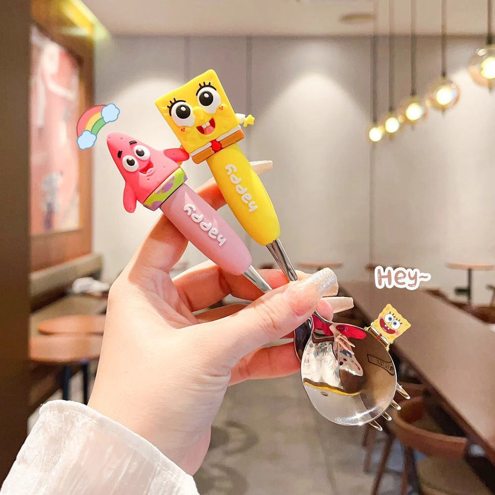 ชุดช้อนส้อม SpongeBob Patrick Star ด้ามยาว ทำจากสแตนเลส 304 หนา สำหรับเด็ก