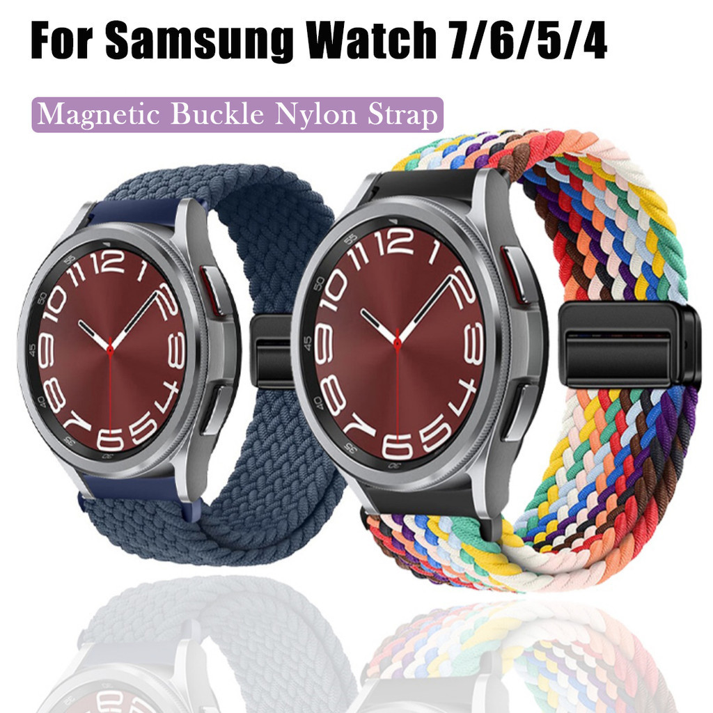 หัวเข็มขัดแม่เหล็กสายไนลอนสําหรับ Samsung Galaxy Watch 7/FE/6/5/4/3 47 มม.46 มม.44 มม.42 มม.ผ้า Band WristBand สมาร์ทนาฬิกาเปลี่ยน Watch กรอบโลหะสําหรับ Galaxy Watch 7 FE 40 มม.