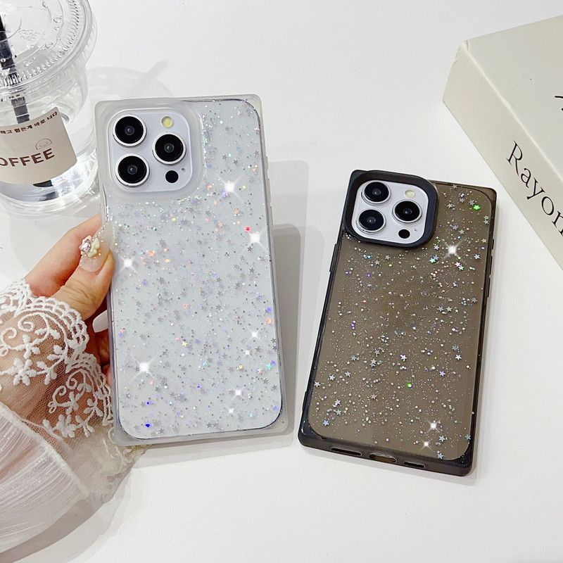 สําหรับ iPhone 15 Pro Max 12 Pro 14 Plus 11 13 รูขนาดใหญ่สแควร์ glitter star TPU เคสโทรศัพท์แบบนุ่ม