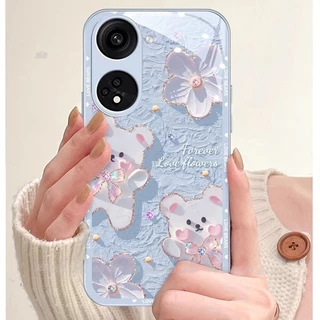 เคส OPPO Reno 13 14 15 16 13F 14F 16F 11F 12 Reno15 Pro Max Reno 16 15 14 12 11 10 Pro 8Z 7Z 5G เคส Case การ์ตูนหมีน่ารัก กันกระแทก พร้อมฝาครอบเลนส์กล้อง ป้องกัน โทรศัพท์กระจกเหลว หรูหรา สําหรับเด็กผู้หญิง