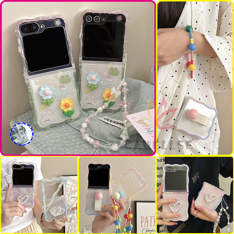 Soft TPU ปลอกขอบหยักใส Samsung Galaxy Z Flip 6 Flip 5 Flip 4 3 สามมิติดอกไม้หัวใจคลื่นหยิกเคสกรอบพร้อมสายสร้อยข้อมือ