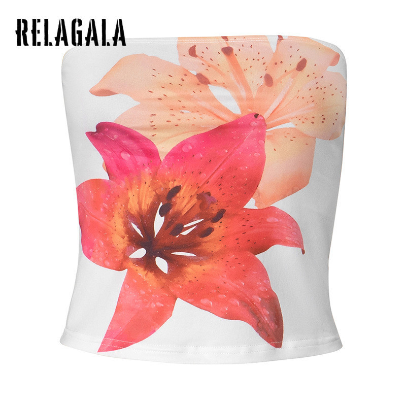 RelaGala ผู้หญิงแฟชั่นใหม่ Casual Simple ดอกไม้พิมพ์ปิดไหล่ Slim Tube Top