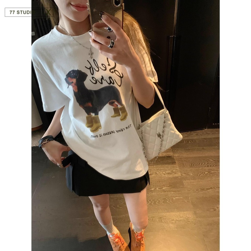 COD พร้อมส่ง เสื้อยืด oversize cotton t shirt ลูกสุนัขเย็น แขนสั้น คอกลม สวมใส่สบาย เสื้อแฟชั่น