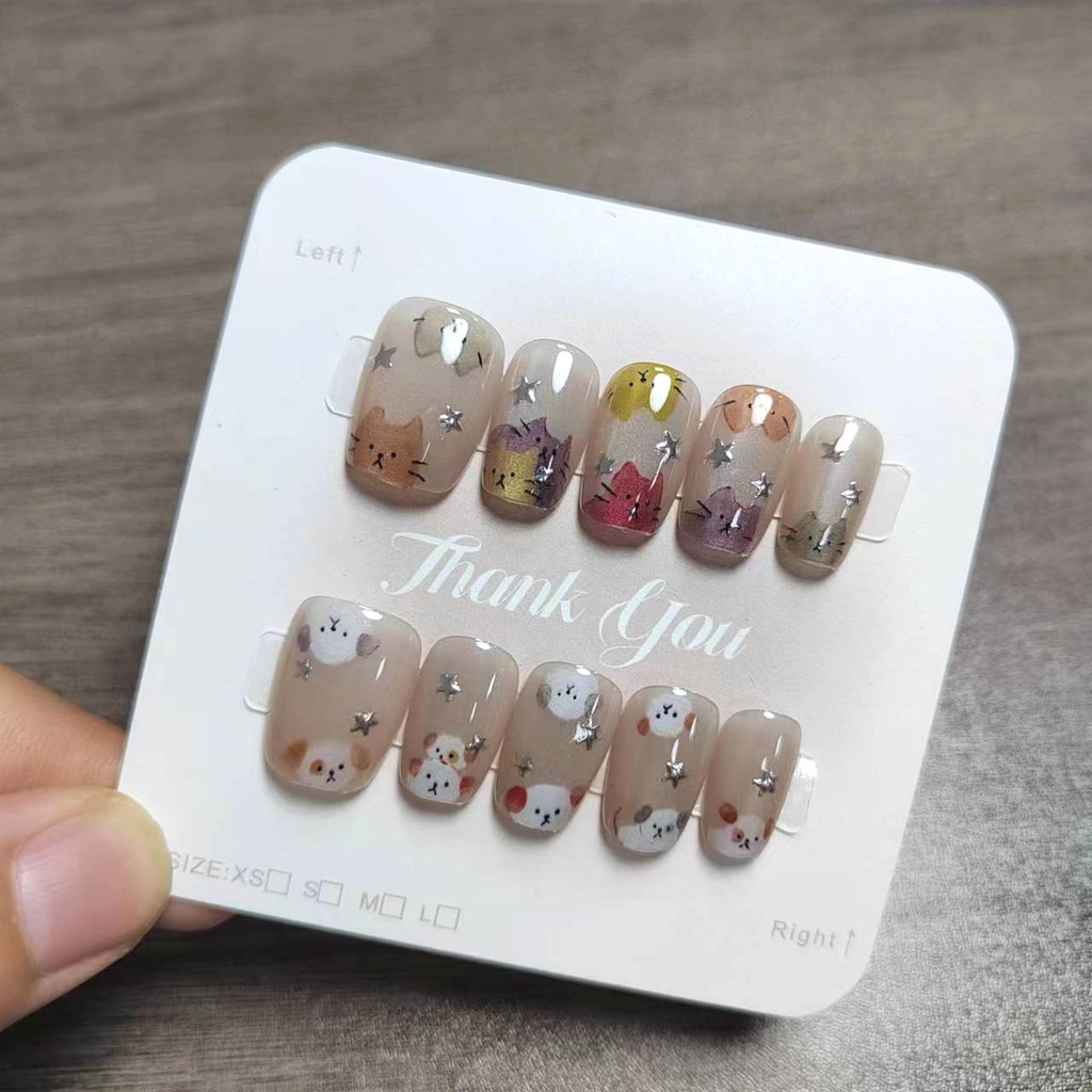 10pcs Cat Eye Handmade กดบนเล็บเล็บปลอมพร้อมสติกเกอร์กาว M325