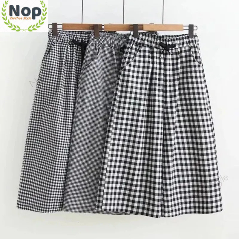 Nop | สไตล์ใหม่แฟชั่นผ้าฝ้ายผ้าลินินลายสก๊อตตัดกางเกงผู้หญิงอารมณ์สบายๆทุกการแข่งขันขนาดใหญ่หลวมกว้าง @-