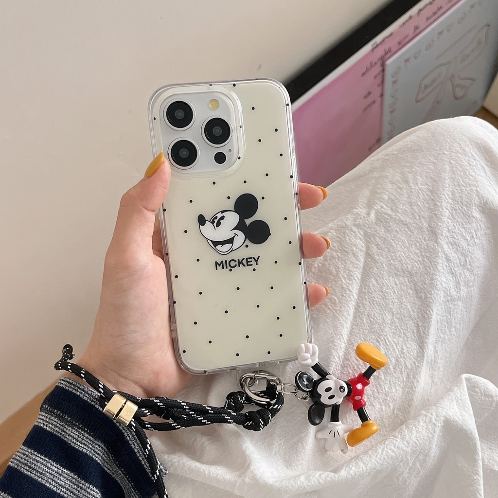 จุดสีดํามิกกี้เมาส์tpuสําหรับapple IPhone 15 14 13 12 Pro Maxกันกระแทกเชือกสร้อยข้อมือแขวนกรณี