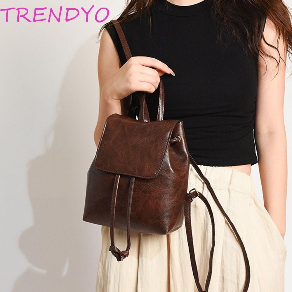 Trendyo กระเป๋าสะพายสีทึบ, กระเป๋าเป้สะพายหลัง PU PU แพ็คเล็ก, กระเป๋าเป้สะพายหลังย้อนยุคสไตล์เกาหลีสีทึบสีน้ําตาลหวานหญิง