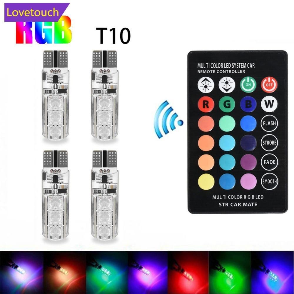 Lovetouch 4 ชิ้น T10 6SMD 5050 RGB ไฟรถยนต์อัตโนมัติสีสันสดใสหลอดไฟ LED พร้อมรีโมทคอนโทรล D3N3