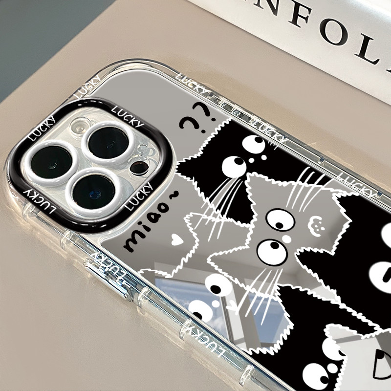 Ins สีดําสีขาวแมวรูปแบบแต่งหน้ากระจกเคสโทรศัพท์สําหรับ iPhone 16 Promax 15 Promax 12 13 Mini 14plus 11 Pro Max X XS XR XS Max 7 8 plus Se2020