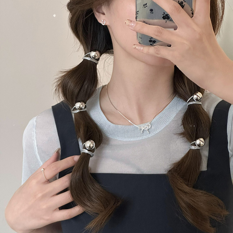 1 ชิ้นการออกแบบที่เรียบง่ายยืดหยุ่น Silver Ball ผมผูกยางรัดผม Scrunchies หางม้ายาง