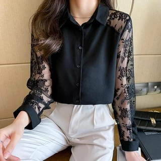 Dahong ❤️ เสื้อเชิ้ต ลูกไม้ เย็บ แขนยาว สไตล์ใหม่ สำหรับผู้หญิง สไตล์เกาหลี เสื้อเชิ้ตใส่ทำงานสำหรับผู้หญิง w449