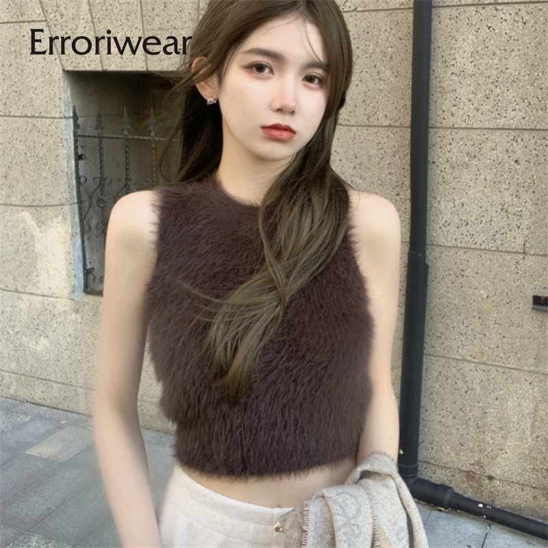 ข้อผิดพลาด เสื้อกล้ามผู้หญิง 2024 แฟชั่นขนยาวสีทึบคอกลมสลิมฟิตเสื้อถักลําลอง