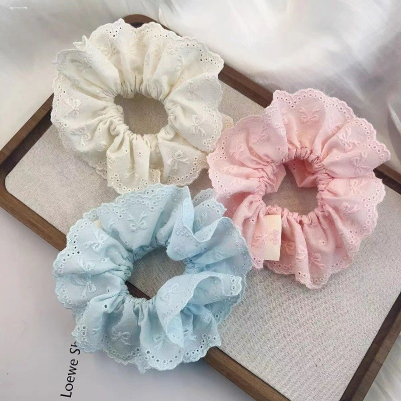แฟชั่นสีชมพูสีขาวสีฟ้าผ้าฝ้ายลูกไม้fairy Prinessเชือกผมผมหางม้าScrunchiesผูกผม