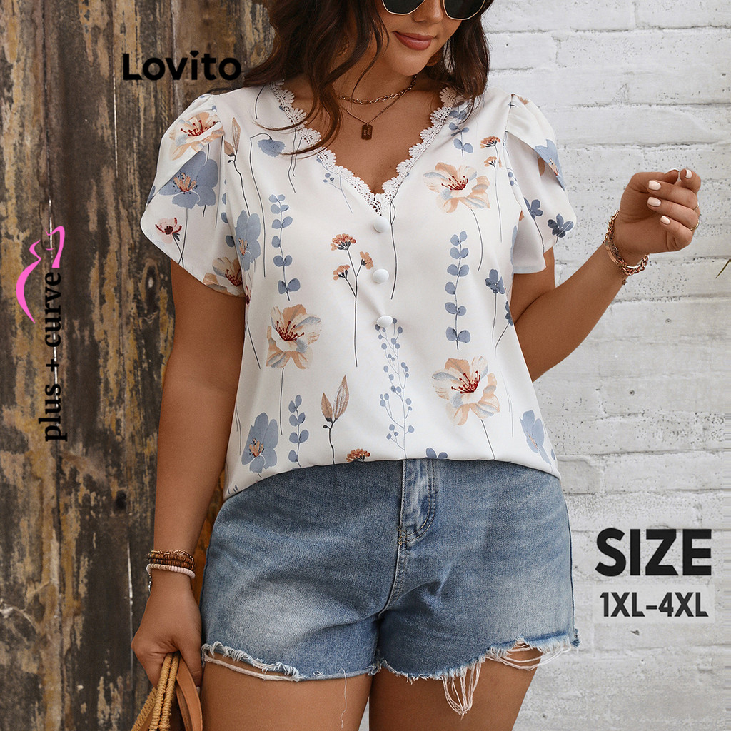 Lovito เสื้อเบลาส์สาวอวบ พิมพ์ลายดอกไม้ มีกระดุม ลูกไม้ สไตล์หรูหรา LNL67154