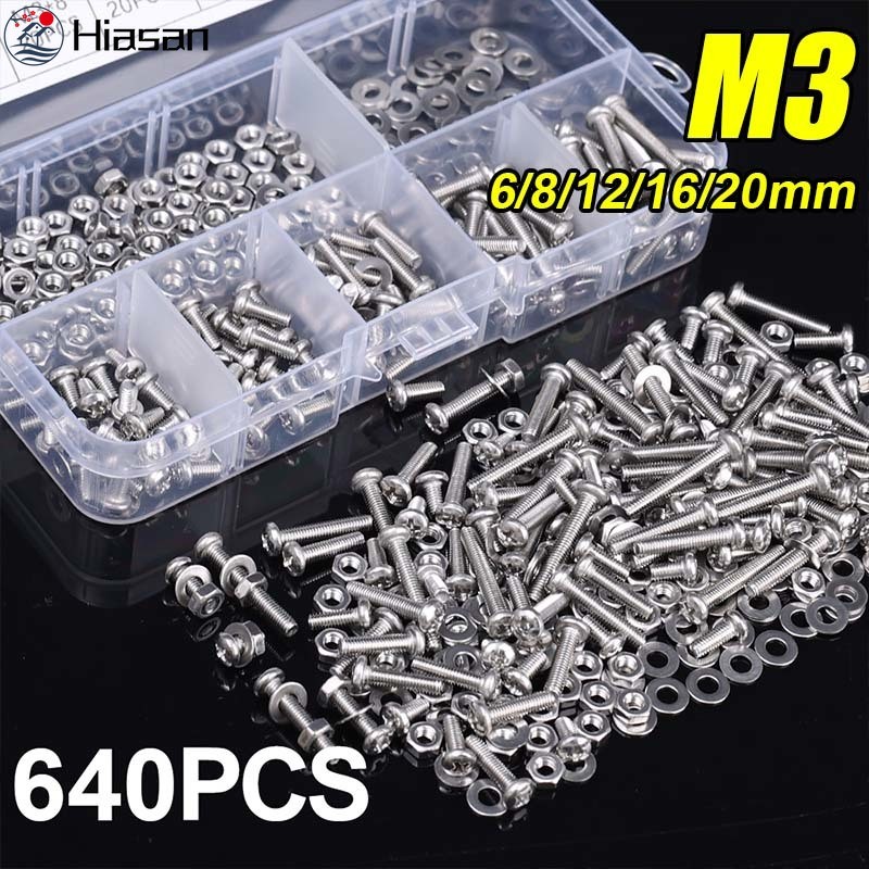 640/320 ชิ้น M3 สกรู Assortment พร้อมปะเก็นแบน - เมตริก Hex Socket Head Cap Bolts - 6/8/12/16/20 มม.สกรูและถั่ว - สแตนเลสสตีลเมตริกสลักเกลียวเครื่องซักผ้าชุด - บ้านซ่อมเครื่องมือ