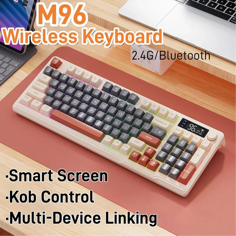 Freewolf Ziyoulang M96 คีย์บอร์ดเชิงกลสําหรับเล่นเกมบลูทูธ/โหมด 2.4G พร้อมหน้าจอแสดงผลและปุ่มหมุนระดับเสียงแป้นพิมพ์แล็ปท็อปแท็บเล็ตไร้สาย