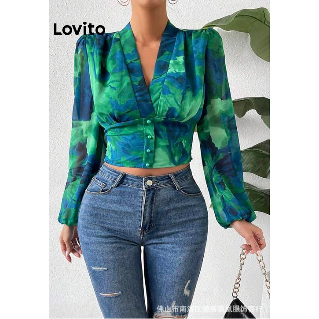 Lovito เสื้อเบลาส์ผู้หญิง กระดุมด้านหน้า เข้ารูป มัดย้อม สไตล์โบโฮ LNL64132