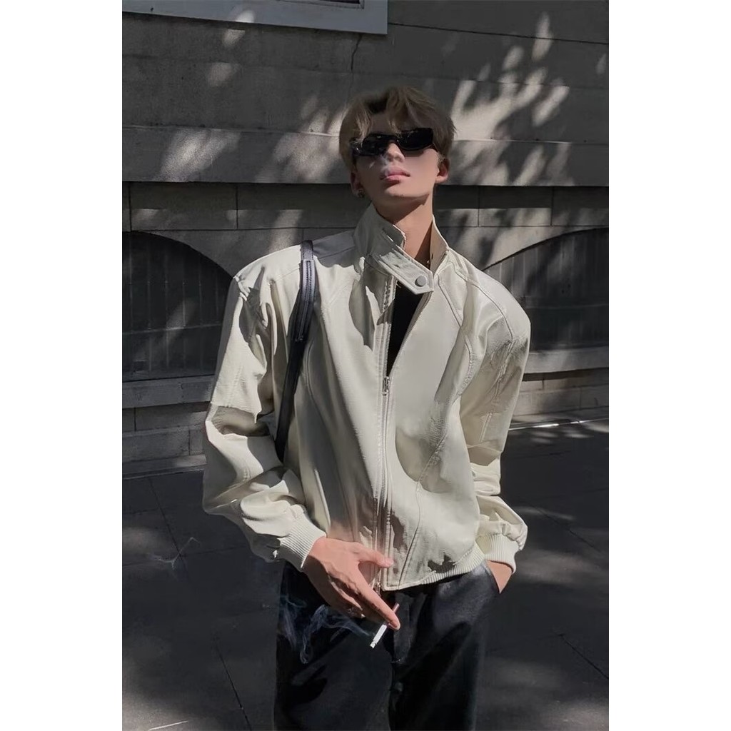 Retro Design High-End แผ่นรองไหล่เสื้อแจ็คเก็ตรถจักรยานยนต์ Niche Destruction Stand Collar Design สไตล์สั้น